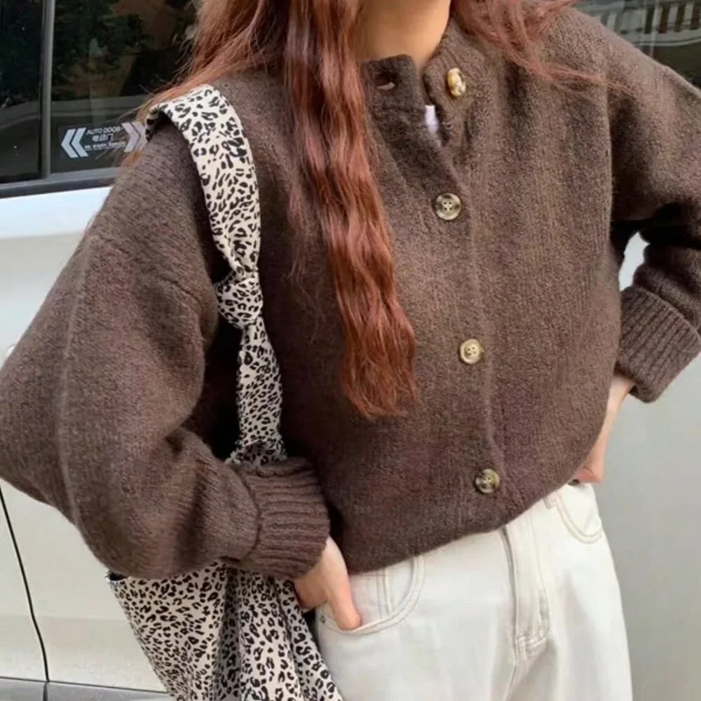 Brown Casual Women's Slouchy Loose Knitted Sweater Cardigan